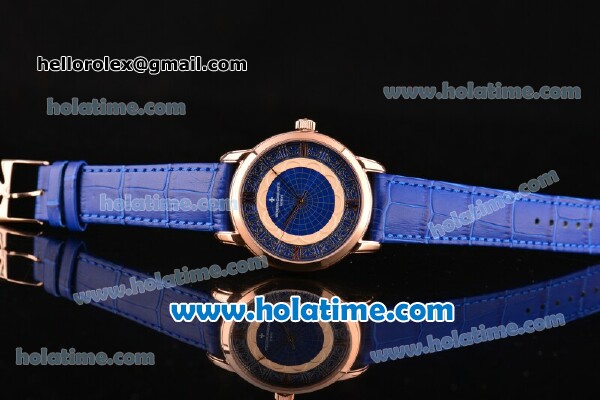 Vacheron Constantin Metiers D Art Miyota OS2035 Quartz Rose Gold Case with Blue Dial and Blue Leather Strap - Click Image to Close